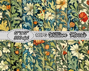 William Morris Inspired Floral Digital Paper Pack, Printable Scrapbook Paper, Flower Junk Journal Paper, Botanical  Background Paper