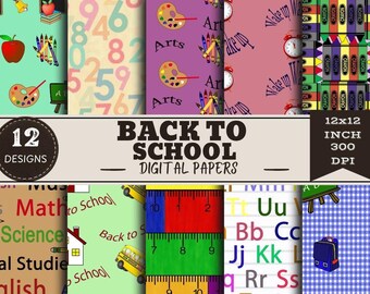 Digitaal papier voor de start van het schooljaar, schoolplakboekpapier, digitaal papierpakket van 12x12 inch, patronen voor de klas, digitale download voor school