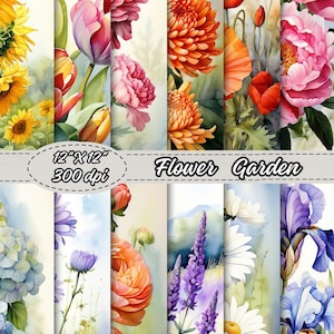 Aquarel bloemmotief digitale papieren, lente bloem patroon scrapbooking papier, bloementuin achtergrond, botanische afdrukbare illustraties