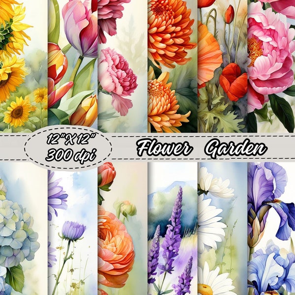 Watercolor Floral Pattern Digital Papers,Spring Flower Pattern Scrapbooking Paper,Flower Garden Background,Botanical Printable Illustrations