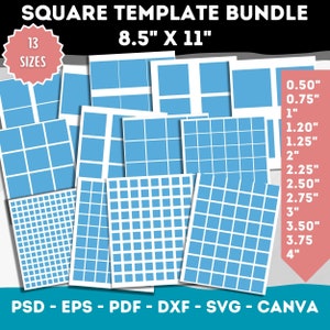May include: A set of 13 square templates in various sizes, ranging from 0.50 inches to 4 inches, for use in crafting and design projects. The templates are displayed on a white background with blue squares.
