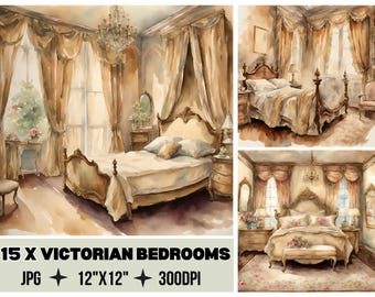 Papel digital de acuarela para dormitorio victoriano, fondos de interiores de dormitorio vintage, papel para álbum de recortes de habitaciones antiguas, papel imprimible estilo cottagecore