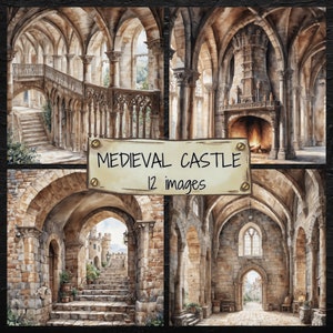 Set di clip art di castelli medievali, carte per scrapbooking digitale, illustrazioni di castelli medievali antichi, sfondi di architettura medievale