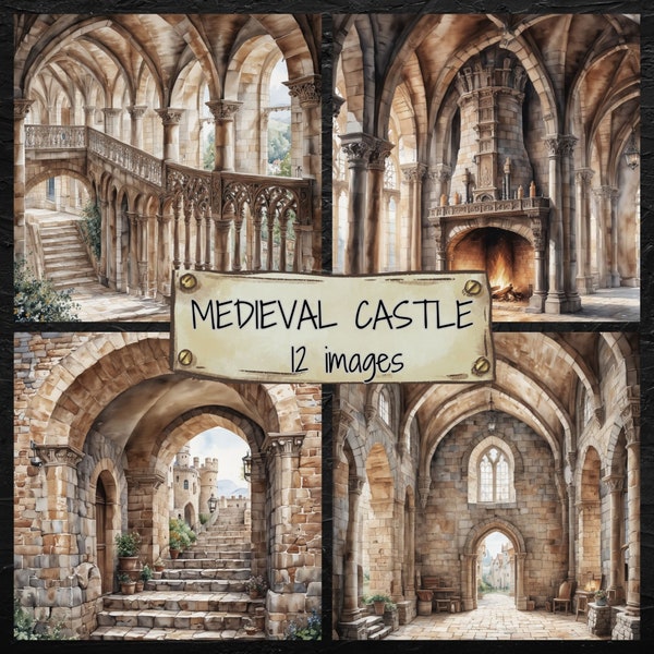 Medieval Castle Clip Art Set, Digital Scrapbooking Papers, Ancient Medieval Castle Illustrations, Middle Ages Architecture Backgrounds