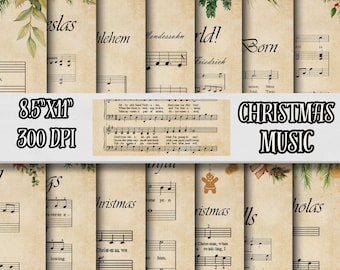 Pacchetto di spartiti di Natale vintage in carta digitale 8,5"X11", carta per album di musica natalizia, canti natalizi stampabili, diario di scarto