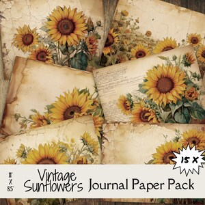 Vintage Sunflowers Junk Journal Papers | Rustic Floral Scrapbook Kit | Antique Sunflower Printable Pages | Botanical Junk Journal Ephemera