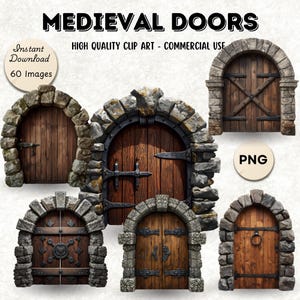 May include: Collection of medieval door clip art images. Each door features a wooden door with stone archways and metal hardware. The text "MEDIEVAL DOORS" and "HIGH QUALITY CLIP ART - COMMERCIAL USE" are displayed at the top.