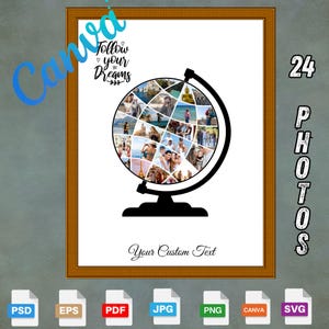 Reise-Foto-Collage-Vorlage | Globus Vorlage | Auf der ganzen Welt Foto-Collage | Personalisiertes einzigartiges Geschenk | Bearbeitbare Canva Rahmenvorlage