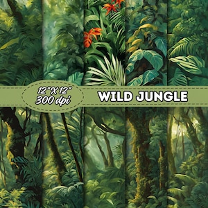 Pacchetto di carta digitale Jungle, set di carta stampabile tropicale, sfondi naturali, carta per scrapbooking con animali selvatici, sfondi naturali, fogliame della giungla