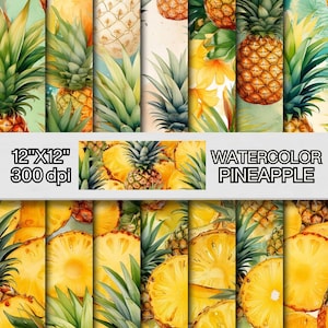 May include: A digital paper pack with 12 watercolor pineapple designs. The designs feature whole pineapples, pineapple slices, and pineapple leaves in shades of yellow, green, and brown. The text "WATERCOLOR PINEAPPLE" and "12"x"12" 300 dpi" is included in the image.