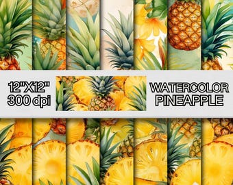 Watercolor Pineapple Digital Paper Pack | Tropical Scrapbook Paper | Summer-Themed Digital Backgrounds | Fruit Pattern Printable Papers