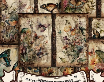 Vintage Butterfly Junk Journal Pages,Junk Journal for Scrapbook,Antique-Inspired Digital Download,DIY Craft Paper,Vintage Printable Graphics