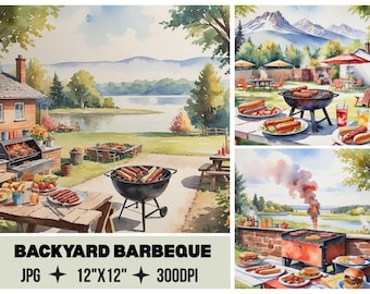 Watercolor Backyard Barbecue Clipart Bundle | BBQ Summer Party  | Cookout Watercolor  | Picnic Food Sublimation | Summer BBQ Graphics