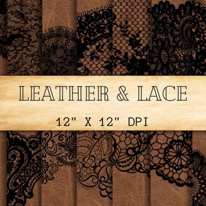 Schwarze Spitze und Leder Digital Paper Pack - Vintage Lace Muster digitaler Hintergrund - Lace Scrapbook Papier - Hochzeit Textur Digital Paper