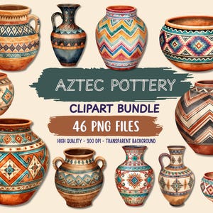 Aztec Pottery Clipart Bundle, Tribal Ceramic Vase PNG, Boho Pottery Clip Art, Southwestern Pottery Graphics, Transparent PNG, 46 PNG Files