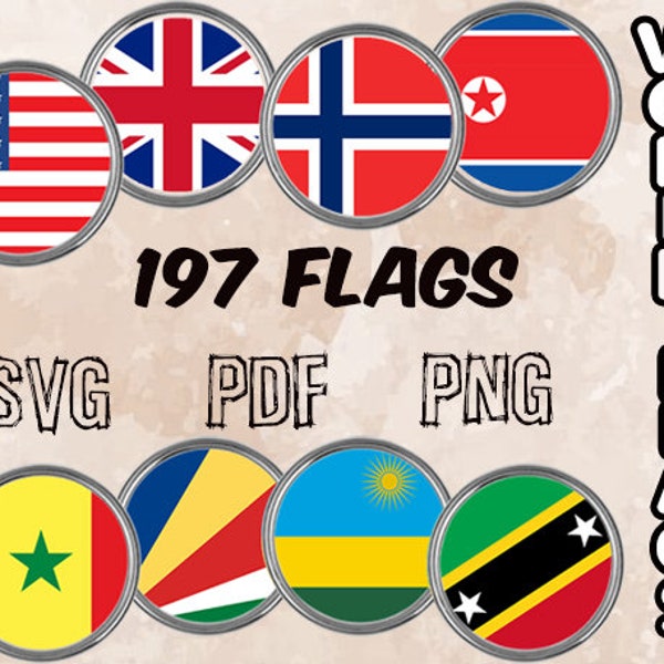 World Flags - Digital Collage Sheet - 1 inch Round Circles for pendants, magnets, bottlecaps  in  SVG, PNG,PDF format
