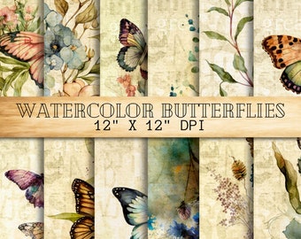 Watercolor Butterfly Digital Paper: Vintage Scrapbook Backgrounds (Instant Download)