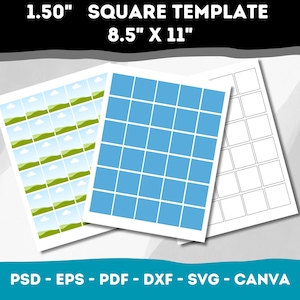 May include: A printable template with three different layouts for 1.50 inch square stickers. The template is 8.5 inches by 11 inches and includes a design with green hills and clouds, a blue grid, and a black and white grid.