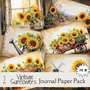 Sunflowers Junk Journal Papers | Rustic Floral Scrapbook Paper | Shabby Chic Sunflower Printable Pages | Vintage Junk Journal Ephemera
