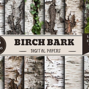 Puede incluir: Una colección de 16 diseños de papel digital con varias texturas de corteza de abedul blanca y gris, algunas con acentos de musgo verde o hiedra. La imagen incluye el texto 16 DESIGNS BIRCH BARK DIGITAL PAPERS y 12x12 INCH 300 DPI.