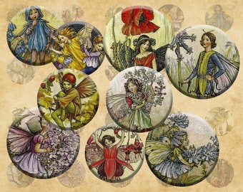 Flower Fairies Digital Collage Sheet - Instant Download Vintage fairies 1 inch circles collage sheet,Jewellery, Pendants,Magnets