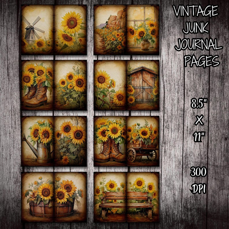 Rustic Sunflower Junk Journal Pages | Vintage Floral Printable Papers ...