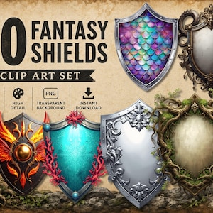 Puede incluir: Un conjunto de imágenes digitales con 60 escudos de fantasía de diversos diseños, incluyendo un escudo con patrón de escamas, un escudo de metal ornamentado, un escudo de fuego, un escudo de coral, un escudo de filigrana plateada y uno de raíces.