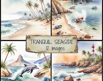 Tranquil Seaside Watercolor Clipart, Coastal Beach PNG Bundle, Ocean Landscape Illustrations, Tropical Scene Graphics, Sublimation Design