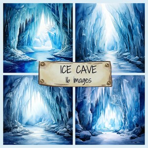 May include: A digital illustration of an ice cave with a blue and white color scheme. The cave is lit by a bright light at the end of the tunnel. The text "ICE CAVE 16 images" is on a brown sign in the center of the image.