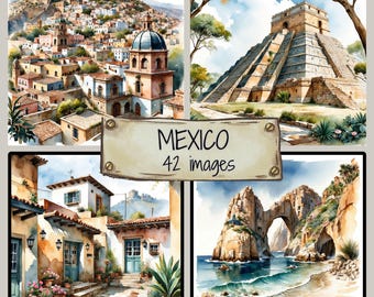 Watercolor Mexico Clip Art JPG Bundle | Iconic Mexican Landmarks Illustrations | Mexican Landmarks Illustrations | Colorful  Travel Graphics