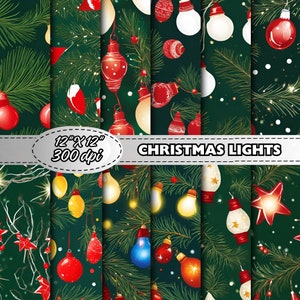 Christmas Lights Digital Papers, Holiday Scrapbook Paper,Festive Backgrounds, Christmas Bulb Pattern, Holiday String Lights,Twinkling Lights