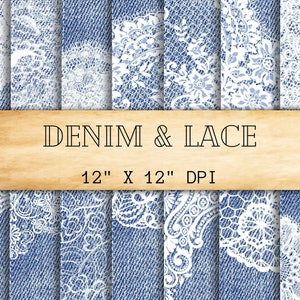 Denim & Lace Textured Digital Papers, Washed Denim Digital Background, Jeans Textures Scrapbook Paper, Printable Denim - Instant Download