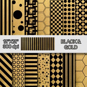 Goud en zwart geometrisch digitaal papier, moderne achtergronden, digitale scrapbooking, afdrukbaar papier, afdrukbaar knutselmateriaal, geometrische achtergrond