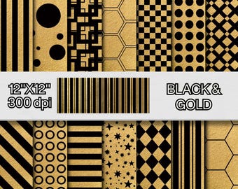 Gold & Black Geometric Digital Paper: Modern Scrapbook Backgrounds (Digital Download)