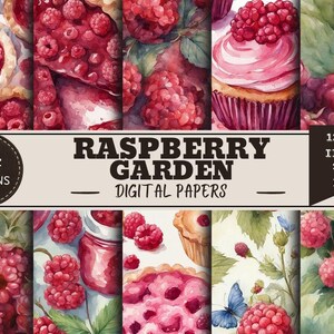 May include: A collection of 14 digital paper designs featuring watercolor illustrations of raspberries, tarts, cupcakes, and a blue butterfly. The text reads 14 DESIGNS, RASPBERRY GARDEN DIGITAL PAPERS, and 12x12 INCH 300 DPI.