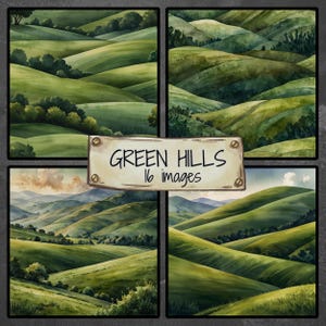 Watercolor Rolling Green Hills Clip Art Bundle |Scenic Landscape JPGs |JPEG Landscape Clipart for Scrapbooking, Paper Crafts, and Journaling