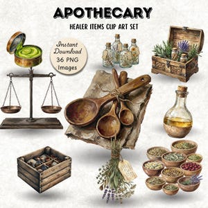 May include: Watercolor illustration of apothecary items. Includes a balance scale, wooden spoons, glass bottles, a wooden chest, and bowls of herbs. The text reads "APOTHECARY" and "HEALER ITEMS CLIP ART SET". A circular graphic reads "Instant Download 36 PNG Images".