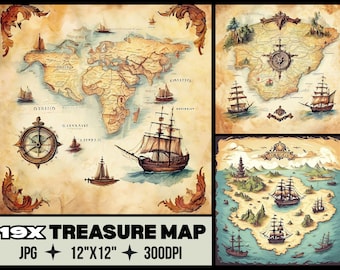 Treasure Map Digital Paper Pack, Pirate Map Scrapbook Paper, Vintage Nautical Map Backgrounds, Adventure JPG Bundle, 12x12 Printable Paper