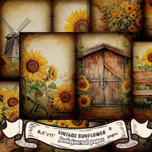 Páginas rústicas de diario basura con girasoles / Papeles imprimibles con motivos florales vintage / Kit de álbum de recortes con girasoles de estilo shabby chic / Efímeras para diario botánico
