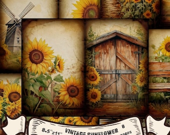 May include: Eight vintage style junk journal pages featuring sunflowers, a wooden door, a windmill, and a rustic background. The pages are 8.5 inches by 11 inches.
