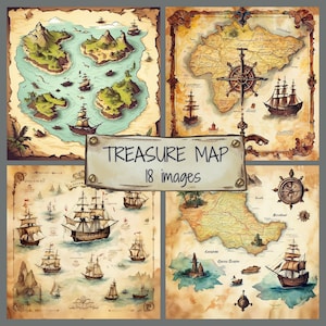 Vintage Treasure JPG Bundle, Aquarell Schatzkarte Scrapbook Papier, Alte Schatzkarte Clip Art Set, Abenteuer Junk Journal Illustrationen