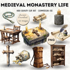 May include: Watercolor clip art set with a medieval monastery theme. Includes a wooden desk, cross, scrolls, candles, a money bag, a leather satchel, a bookshelf, and a rosary. The text reads "MEDIEVAL MONASTERY LIFE" and "HIGH QUALITY CLIP ART - COMMERCIAL USE".