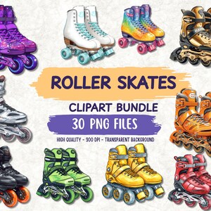 Könnte beinhalten: Eine digitale Sammlung von Rollschuhen mit verschiedenen Stilen, darunter Inlineskates und Quad-Skates in Farben wie lila Galaxie, weiß, regenbogenfarben, gold, orange, schwarz, grün, gelb und rot. Der Text lautet ROLLER SKATES CLIPART BUNDLE 30 PNG FILES.