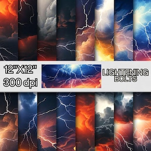 May include: A digital paper pack with 12 different designs featuring lightning bolts and stormy clouds in shades of blue, gray, orange, and red. The text "LIGHTENING BOLTS" is at the top of the image. The text "12"x"12" 300 dpi" is at the bottom of the image.
