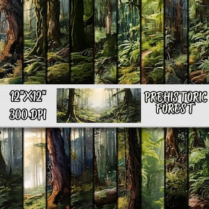 Prähistorische Wald-Digital-Papiere, alte Wald-Scrapbooking-Papier, Natur-Hintergründe, Illustrationen zu grünen Waldgebieten