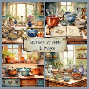 Vintage Kitchen JPG Clip Art Set,Shabby Chic Scrapbooking Papers,Retro Kitchen Illustrations,Countryside Kitchen Images,Victorian Kitchen