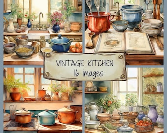 May include: A collage of four images depicting vintage kitchens with various kitchenware, including pots, pans, bowls, and utensils. The images are arranged in a grid pattern with a title card in the center that reads "Vintage Kitchen 16 images".