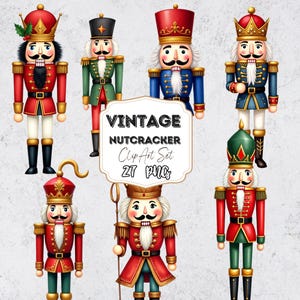 May include: A collection of vintage nutcracker clip art. The nutcrackers are in various colors, including red, green, and blue, with gold accents. Each nutcracker has a unique uniform and hat design. The image includes the text "VINTAGE NUTCRACKER Clip Art Set 27 PNGs."