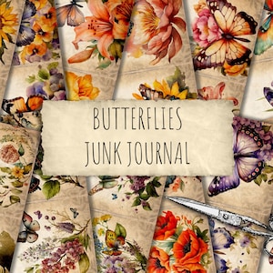 Vintage Butterfly Junk Journal Pages Kit #06 - Butterflies Junk Journal for Scrapbooking,Printable Journaling Cards,Butterfly Illustration