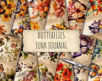 Könnte beinhalten: Eine Collage aus digitalen Papieren mit Schmetterlingen und Blumen in verschiedenen Farben, darunter Lila, Blau, Gelb, Orange und Rot. Die Papiere sind für die Verwendung in Junk Journals und anderen Papierarbeiten gedacht. Der Text "Butterflies Junk Journal" wird auf einem braunen Papierhintergrund angezeigt.